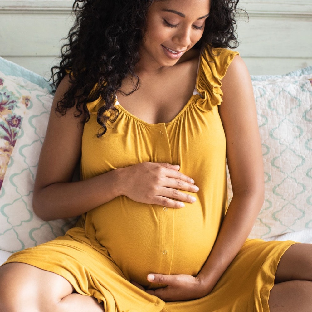 Mustard Kindred Bravely Ruffle Strap Labor & Delivery Gown